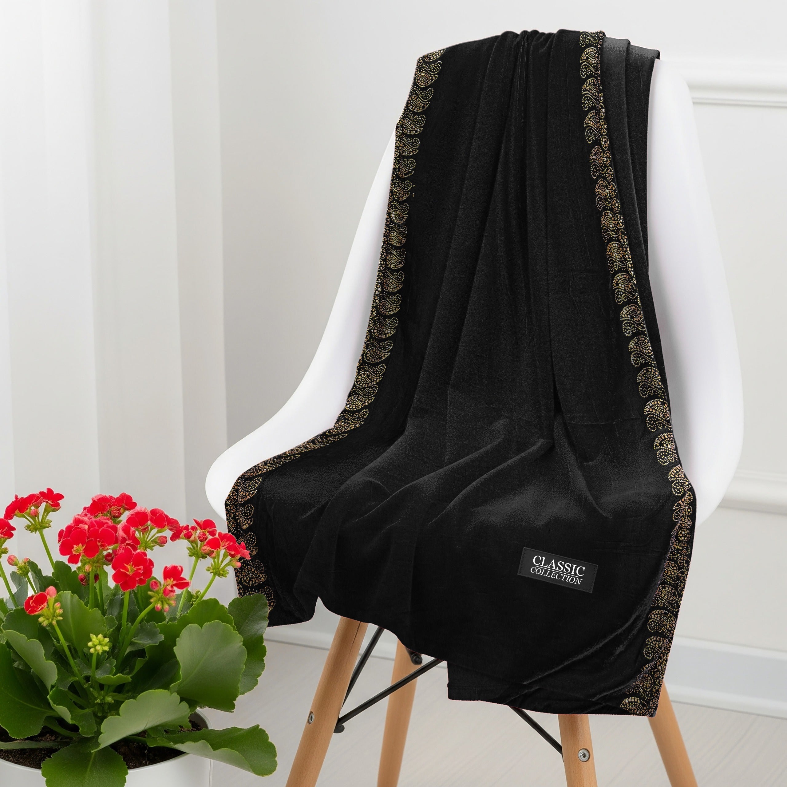 China micro Velvet bridal Shawl Stone work BLACK