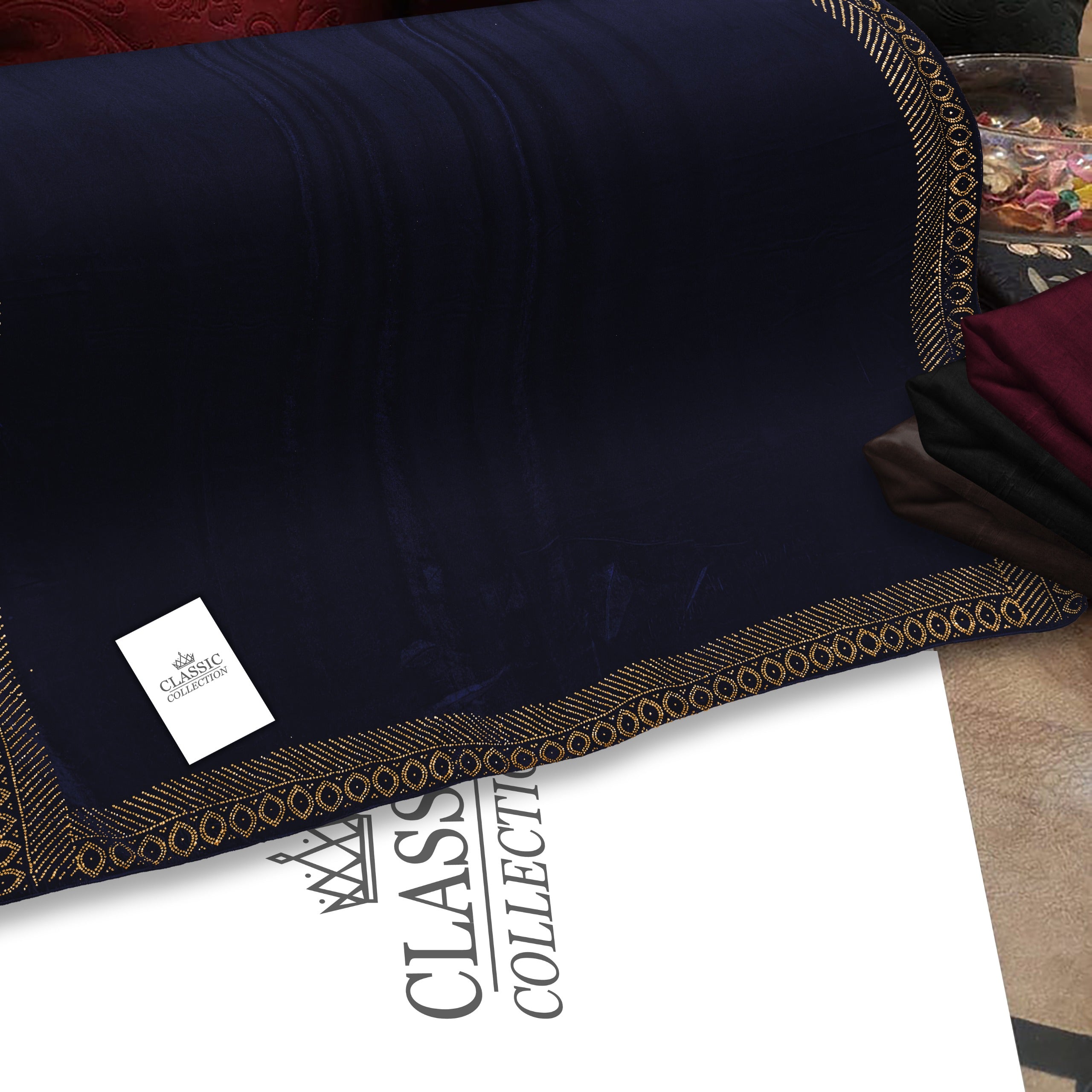 China micro Velvet bridal Shawl Stone work 4 Border (Blue)