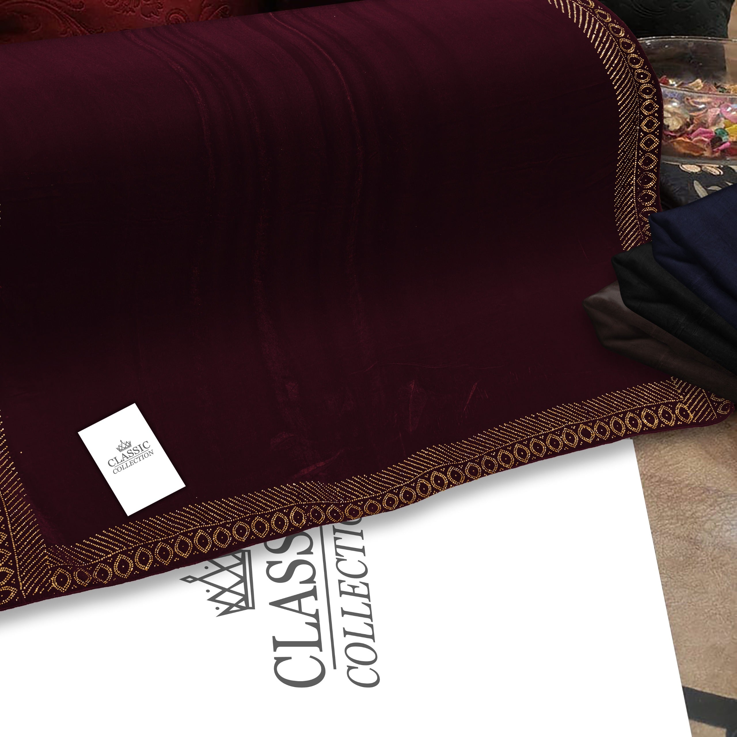 China micro Velvet bridal Shawl Stone work 4 Border (Mehrun)