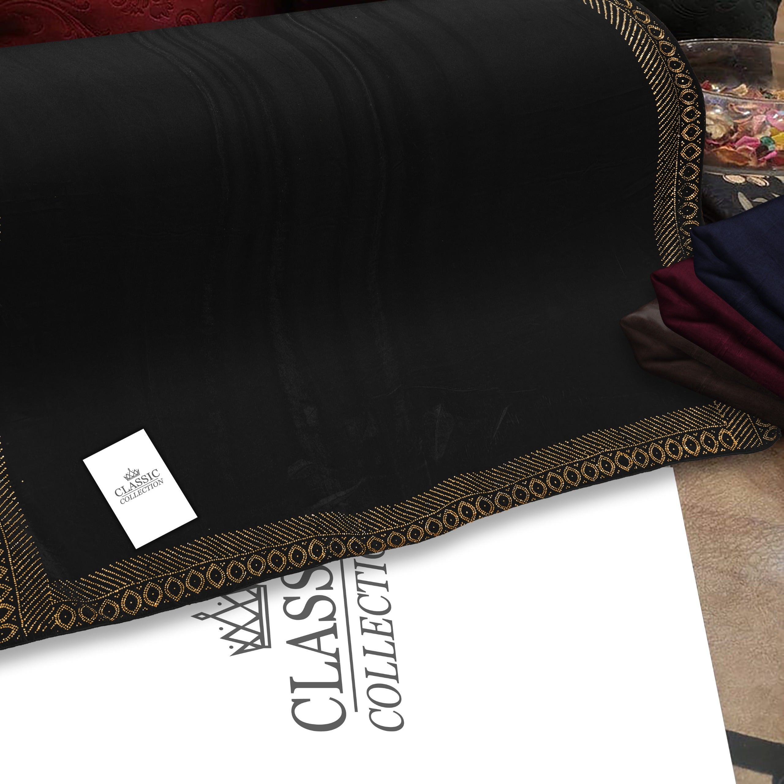 China micro Velvet bridal Shawl Stone work (Black) 4 Border